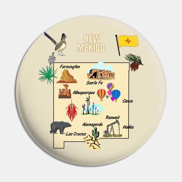 New Mexico tourist map with landmarks, cities and famous symbols, USA Pin by Mashmosh