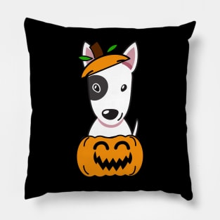 Funny bull terrier is in a pumpkin Pillow