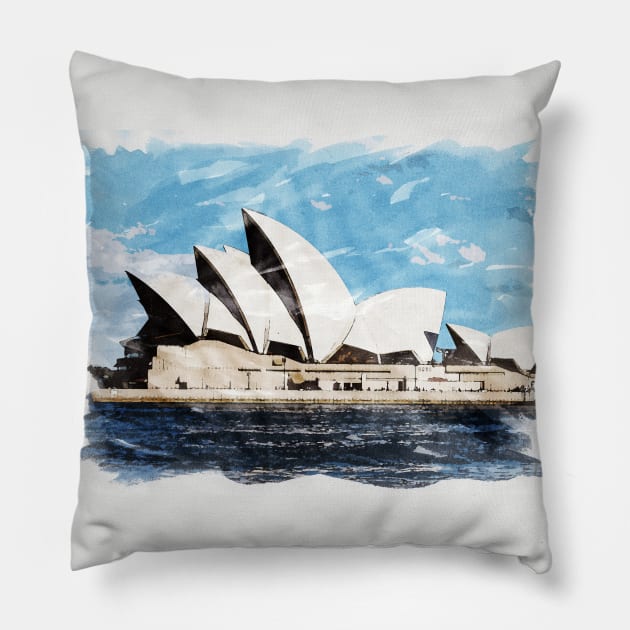 Sydney Australia Aussie Opera House Waterfront Watercolour Travel Wanderlust Painting Pillow by Naumovski