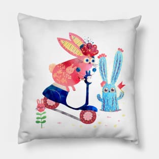 Pink Rabbit on a scooter Pillow