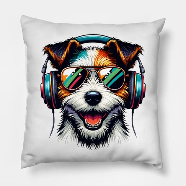 Parson Russell Terrier as Smiling DJ with Headphones and Sunglasses Pillow by ArtRUs