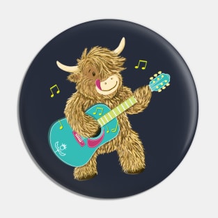 Cute Scottish Highland Cow Plays Guitar Pin