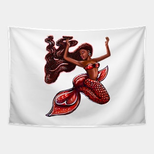 Mermaid with red fins, red locs Afro hair and brown skin. African American Mermaids Tapestry