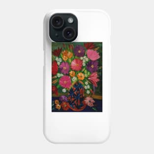 Some abstract mixed flowers in a metallic  bronze  and green leaf vase Phone Case