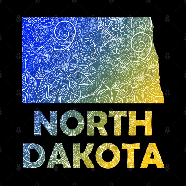 Colorful mandala art map of North Dakota with text in blue and yellow by Happy Citizen