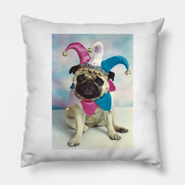 Pug Dog Jester Joker Pillow by candiscamera