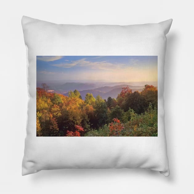 Deciduous Forest In Autumn Blue Ridge Mountains From Doughton Park Pillow by RhysDawson