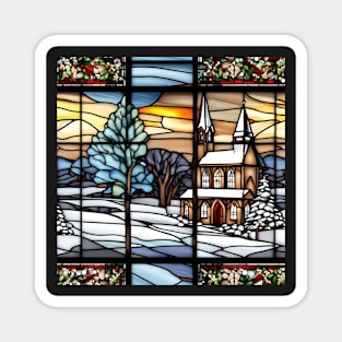 Stained glass panel of country church in Winter Magnet