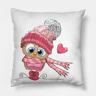 Cute owl in a winter hat and scarf Pillow