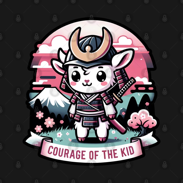 Kawaii Samurai Animal Lamb Warrior with Katana Cute in front of Fuji Mount Blossom by EmuftyDesign