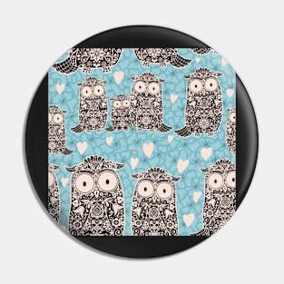 Folk Art Owls, Owlets and Hearts Pattern on Blue Pin