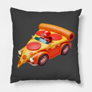 A slice of pizza driving a tiny pizza-shaped car with pepperoni wheels Pillow