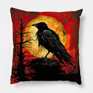 Raven Full Moon Red Sky fantasy art Pillow