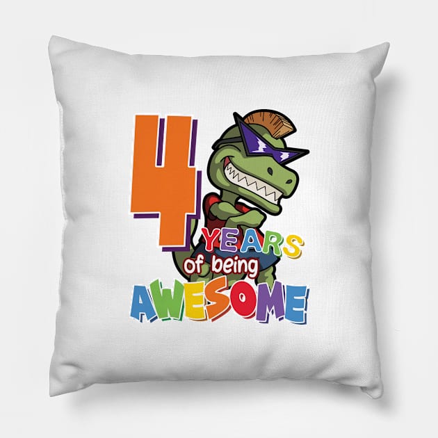 Cool & Awesome 4th Birthday Gift, T-Rex Dino Lovers, 4 Years Of Being Awesome, Gift For Kids Boys Pillow by Art Like Wow Designs