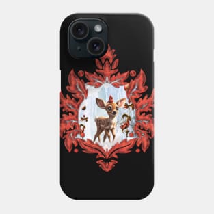 Cute fawn with bird in a winterlandscape Phone Case