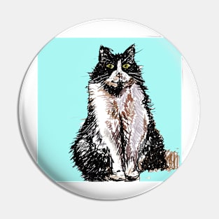 Tuxedo Cat Cute Drawing - on Turquoise Pin