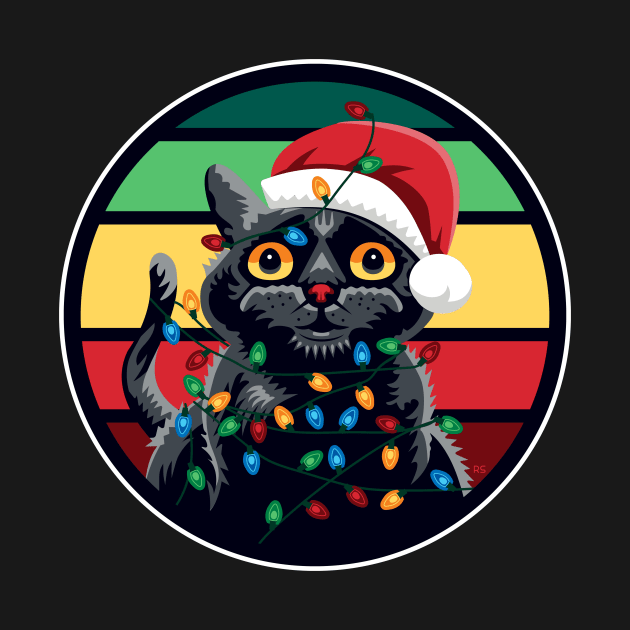 Cute Black Cat Tangled in Christmas Lights - Retro Style T-Shirt by RYSHU 