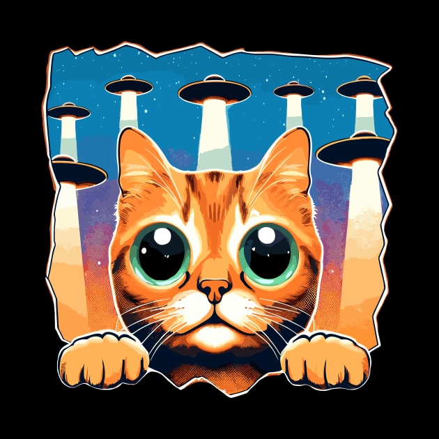 Big Eyes Funny Cat Selfie With UFOs Behind by KromADesign