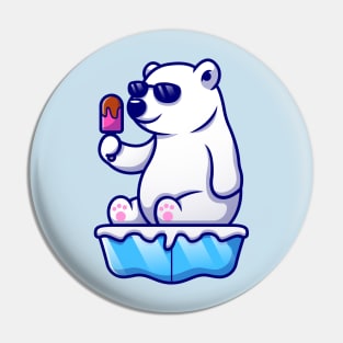 Cute Cool Polar Bear Eating Popsicle On Ice Cartoon Pin