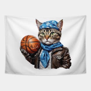 street cat wearing a leather jacket and bandana holding a basketball Tapestry