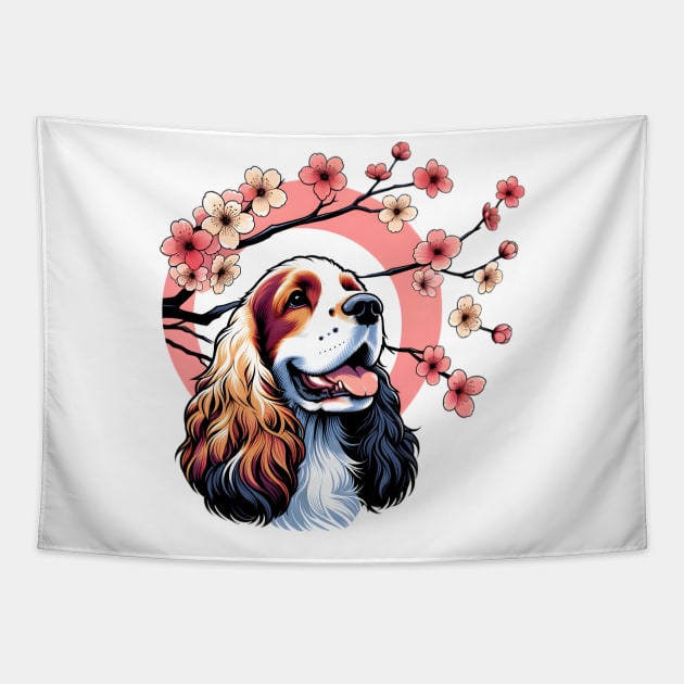 English Cocker Spaniel Enjoys Spring Cherry Blossoms Tapestry by ArtRUs