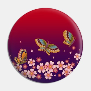 Japanese Butterflies Over Sakura Blossoms (Red & Purple) Pin