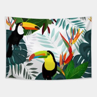 Toucan and bird of paradise flowers Tropical Forest colorful summer Tapestry