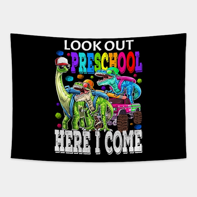 Look Out Preschool Here I Come Monster Truck Dinosaur Back To School Tapestry by eyelashget