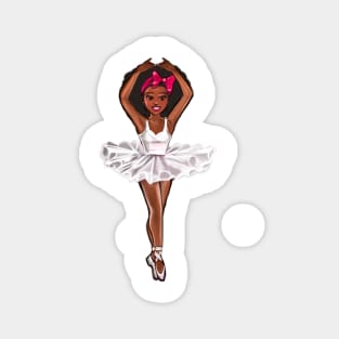 African American ballerina in white tutu and pink bow -#008 afro hair,brown skin ballerina Magnet