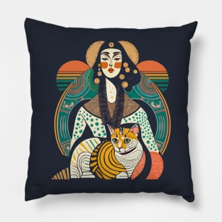 Woman and Cat Gustav Klimt Style Pillow