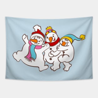 Three happy snowman for winter and Christmas Tapestry