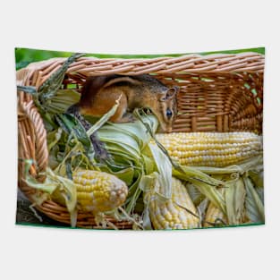 Chipmunk hides in a basket of corn Tapestry