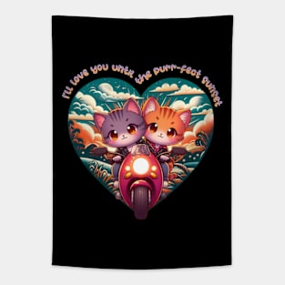 Valentines day kawaii cats on a motorbike Tapestry