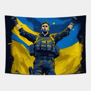 soldier holding Ukraine flag, illustration, painting style Tapestry