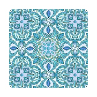 Colored Crayon Floral Pattern in Teal & White T-Shirt