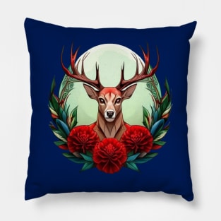 Ohio White Tailed Deer Surrounded By Red Carnations Tattoo Art Pillow