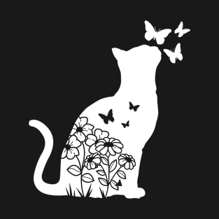 Cute Cat Flower Pattern & Butterflies Graphic - Cat Owner & Cat Lover Gift For Men, Women & Kids T-Shirt