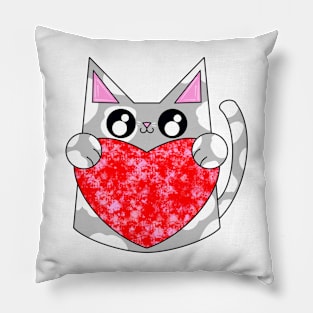 Ray The Gray And White Cat With Valentines Heart Pillow