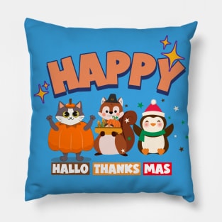 Happy Hallothanksmas Cute Characters- Funny Holiday Pillow