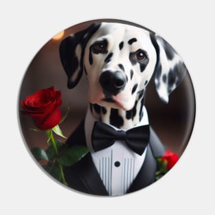 Dalmatian wearing tuxedo and bow tie with red rose Pin