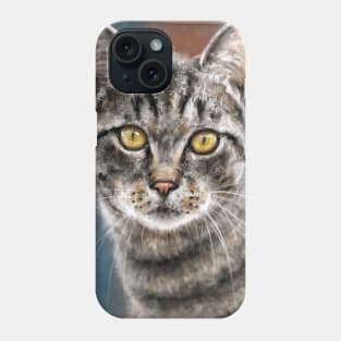 Contemporary Painting of a Gray Cat with Black Stripes and Yellow Eyes Phone Case