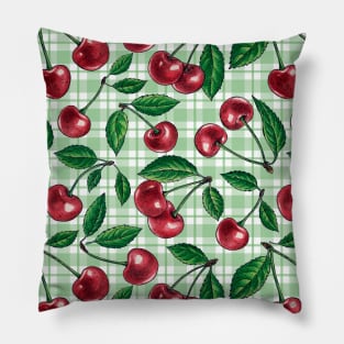 Red cherries on light green gingham Pillow