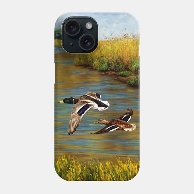 Mallard Ducks Flying Over Water in Wetlands Phone Case by csforest