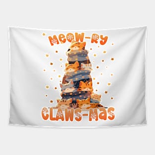 Kawaii Cute Ginger Cat Catmas Tree: Meowry Clawsmas Tapestry