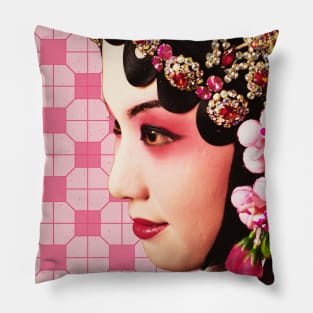 Chinese Opera Star with Blush Pink Tile Floor Pattern- Hong Kong Retro Pillow