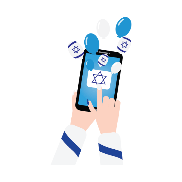 Blue White balloons and Israeli flag balloons flying from smartphone by sigdesign