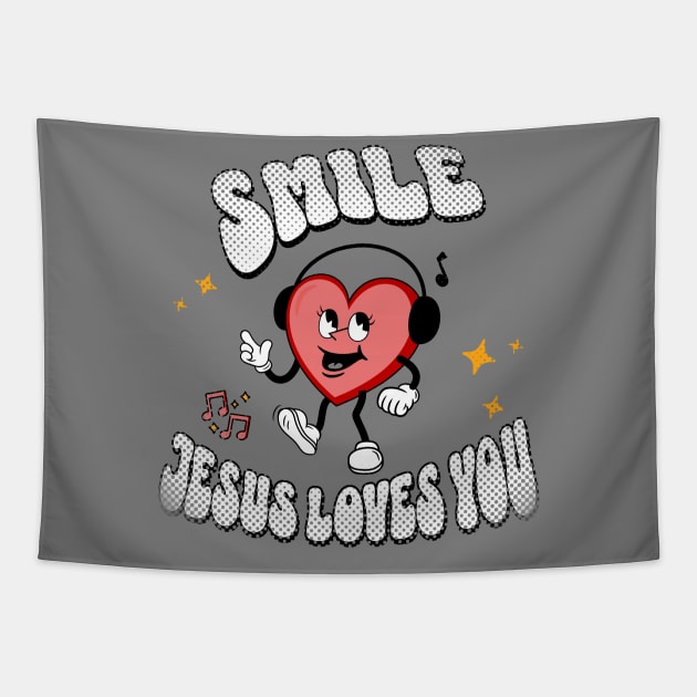 Smile Jesus Loves You - Groovy Heart design: White text color with a cheerful heart smiley face Tapestry by Yendarg Productions