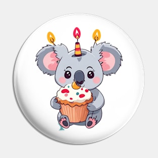 Cute Koala girl holding a birthday muffin with a candle,.Vector flat illustration Pin