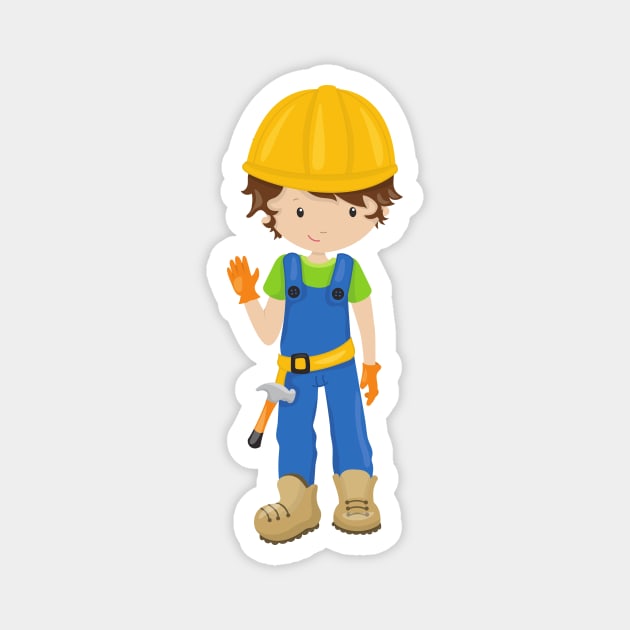 Construction Worker, Brown Hair, Cute Boy, Hammer Magnet by Jelena Dunčević