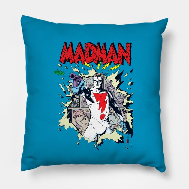 MADMAN Disc Gun! Pillow by MICHAEL ALLRED